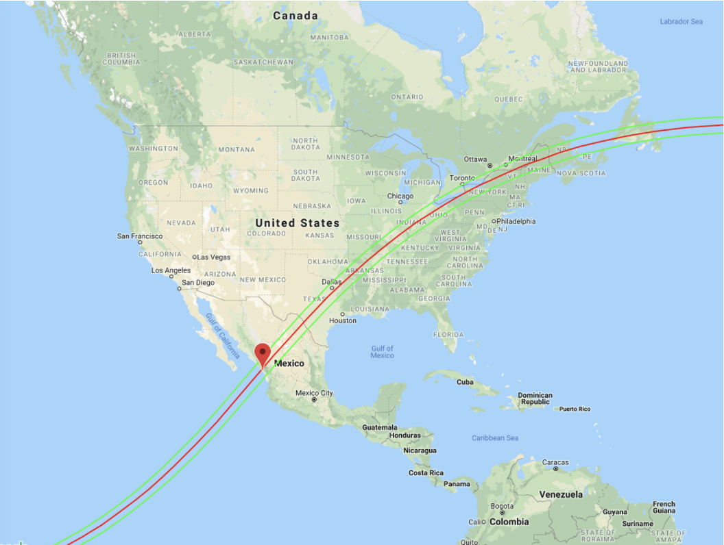 Google Maps path of totality for the 2 April 2024 solar eclipse.