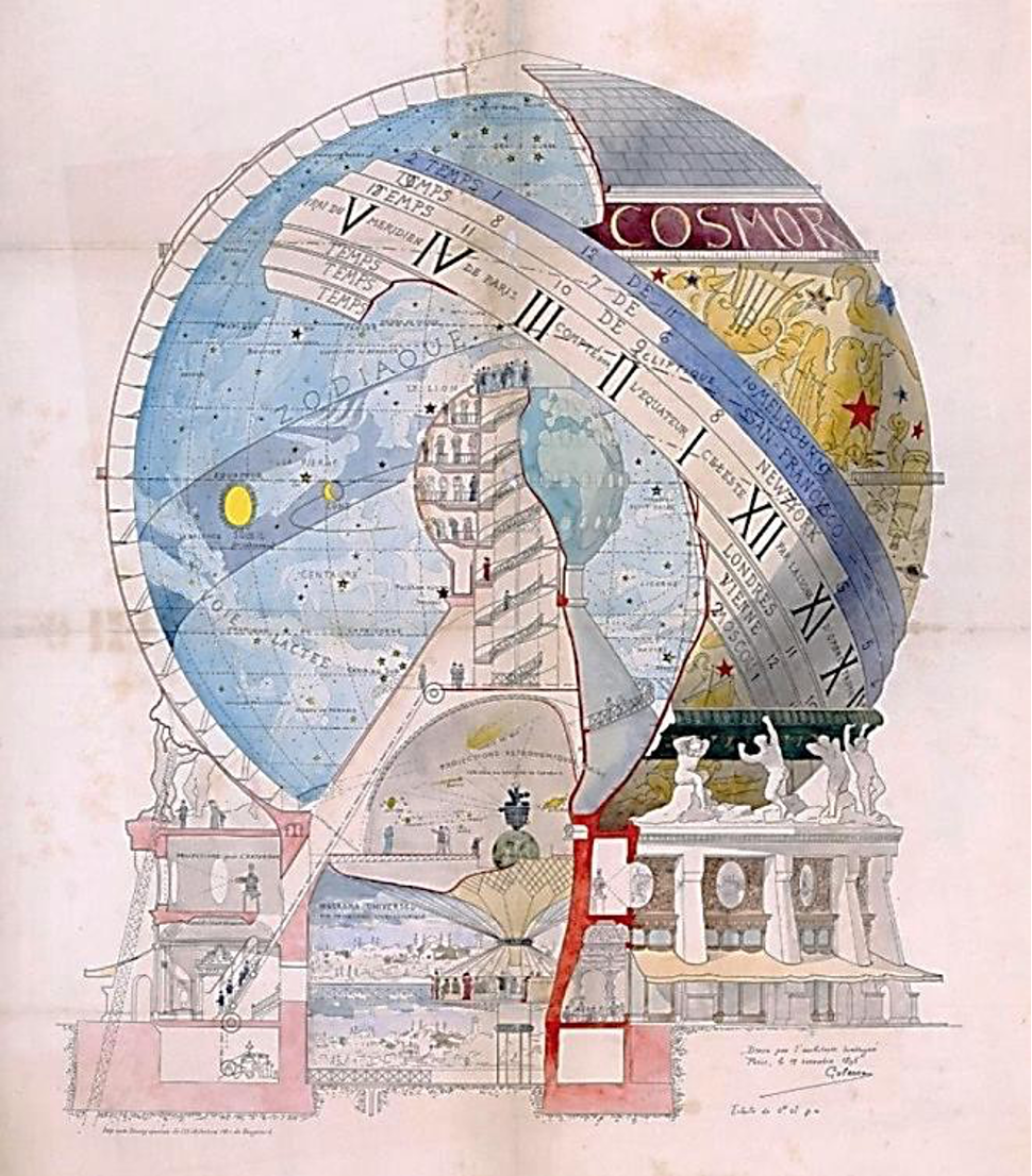 Cutaway drawing of the Grande Globe Céleste, by the French architect Albert Galeron